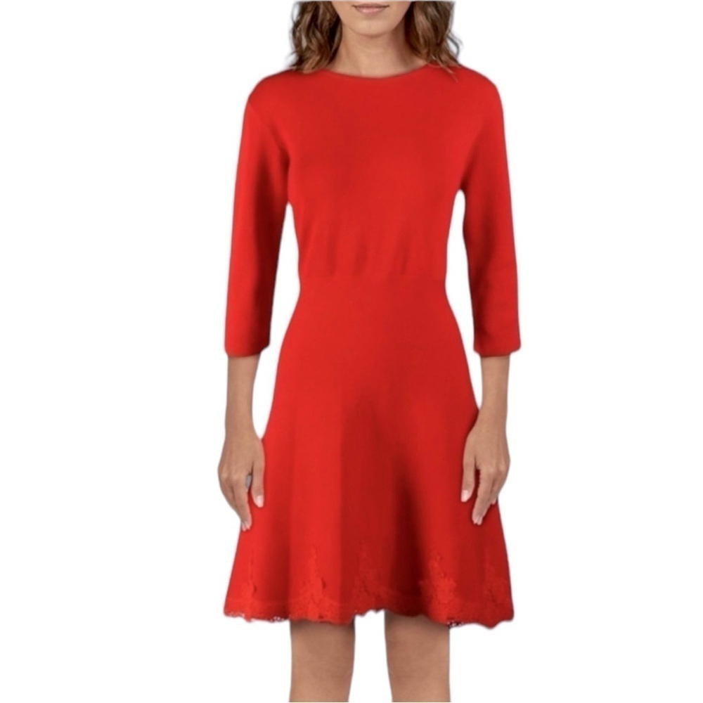 🌻NEW Nanette Lepore Red Knit Embroidered Lace Trim Dress Size Medium